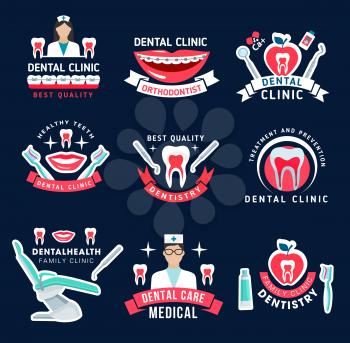 Dental clinic, dentist and orthodontist office icons for dentistry medicine design. Tooth, doctor tool and oral hygiene instrument, braces, floss, toothbrush and toothpaste symbols for emblem template