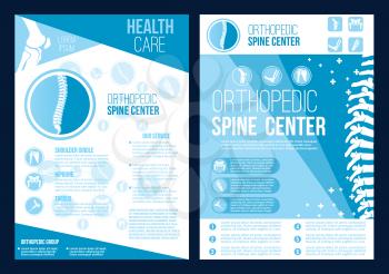 Orthopedics spine health center brochure. Vector flat design for radiology orthopedic research hospital for body joints and spine bones, orthopedic diagnostics or corrective therapy