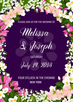Wedding invitation banner template with blooming flower frame border. Spring flower of jasmine, orchid, lily of the valley and cyclamen with pink and white blossom for wedding ceremony themes design