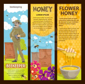 Beekeeper at apiary or honey beekeeping farm banners. Vector flat design Man in protective clothes holding honeycomb or honey jar at beehive, honey splash drops on wooden dipper spoon