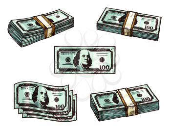 Dollar banknotes bundles sketch icons. Vector set of 100 dollars money bound in piles or bank notes cash packs for banking or finance and currency exchange design or rich wealth concept