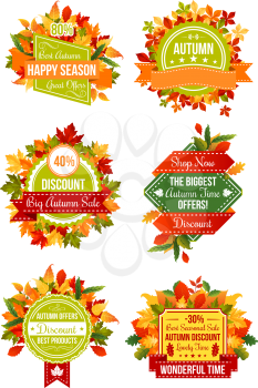 Autumn season sale label set of fall harvest holiday. Discount price offer badge with autumn leaf frame, yellow, orange and red foliage of forest tree and acorn branch, decorated with ribbon banner