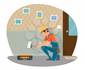 Electrician at work repairing home electricity socket with electrical work tools. Vector flat design of electrician man profession fixing wires in electric socket or light switcher in room