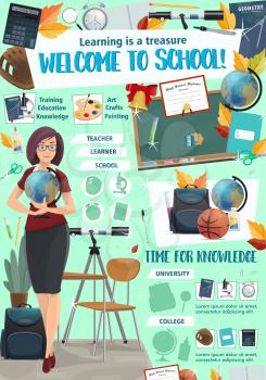 Welcome Back to School poster for college and university education season. Vector cartoon design of teacher woman with globe for astronomy at school table with blackboard and study stationery