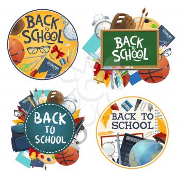 Back to School posters for autumn education season. Vector college or university stationery for classes study, sport training bag or blackboard with geometry book, calculator and geography globe
