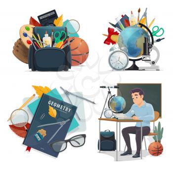 Back to School time posters for education season. Vector college or university student boy sitting at class desk with geometry book and stationery or sport training bag for study season