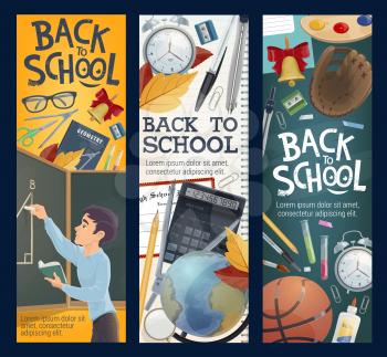 Back to school banners with student at blackboard and stationery for studying. Geometry and geography classes, textbook and eyesight glasses, globe and calculator, basketball and baseball glove vector
