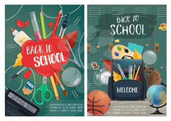 Back to school posters, hall with lockers and backpack full of stationery for education, pencils and scissors, globe and basketball, palette and baseball glove, calculator and fall leaves vector