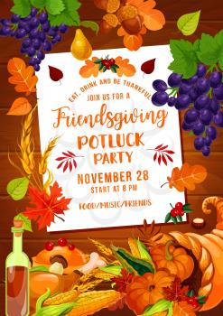 Friendsgiving potluck party of Thanksgiving holiday. Autumn harvest pumpkin vegetables and fruits in cornucopia, turkey, wine and fallen leaves, grape, acorn and wheat. Vector design