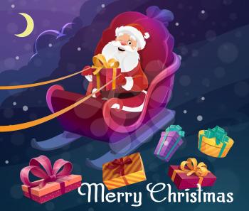 Santa Claus on sleigh with bag or sack full of Christmas presents, delivering Xmas gifts. Wrapped festive boxes, bows and ribbons, night sky and moon. Noel fairy landscape, New Year holiday card