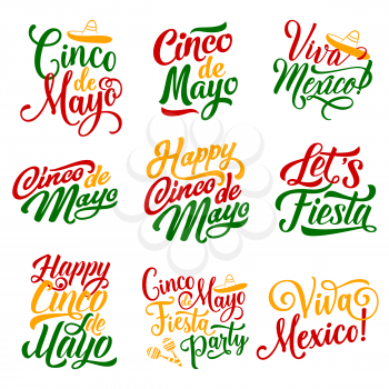 Cinco de Mayo Mexican holiday party celebration calligraphy lettering for greeting card design. Vector hand drawn font text in Mexican flag colors and sombrero or maracas for Cinco de Mayo fiesta
