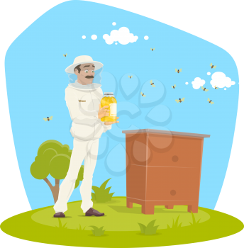 Beekeeper at apiary hive vector flat design for beekeeping. Man in protective clothes holding honeycomb or honey jar at beehive with bees swarm flying around on beekeeping outdoor farm