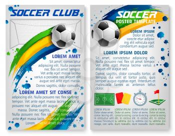 Soccer club or football game championship poster or sport game brochure design template. Vector football team players arena stadium filed, red and yellow referee cards and stopwatch for goal