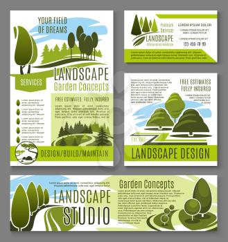 Landscape design and green garden horticulture build posters and banners templates for landscaping company. Vector design of park trees or garden nature for city forest eco architects
