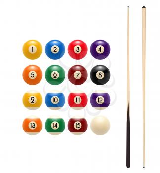 Pool or American billiards balls with numbers and cues. Vector icon of snooker colored balls and wooden gaming cue sticks for poolroom sport game symbol or championship tournament design template