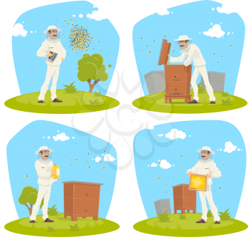 Beekeeper at apiary taking honey vector flat design for beekeeping. Beekeeper man in protective outfit with honeycomb or honey jar at beehive with bees swarm flying around on beekeeping farm