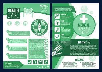 Healthcare medical center or health research clinic posters or brochure. Vector design fro orthopedics medicine or radiology orthopedic hospital of body joints and bones for diagnostics or therapy