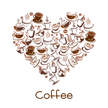 Cup of coffee signs in shape of heart isolated on white background. Coffee cup icon for branding of coffee shop or restaurant. Concept of coffee beverages latte, cappuccino, americano, espresso