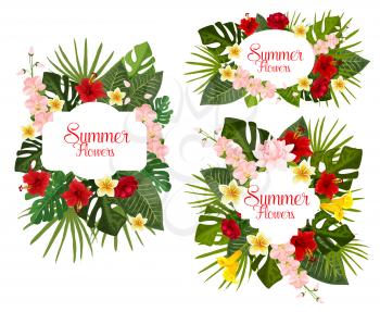Summer flowers floral icons of exotic tropical and garden flowers. Vector isolated set of summertime paradise blooming hibiscus, palm leaf and jungle plant, plumeria blossom and orchid or lily
