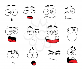 Smile emoticons and emoji faces icon set for chat or social net web application. Vector line design isolated set of smiles emoji comic expressions winking, laugh or upset and angry or sad and crying