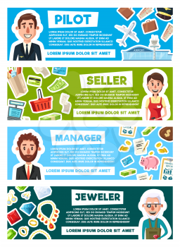 Profession workers of pilot, seller or manager and jeweler. Vector cartoon design of men and occupation items of aircraft plane, jewelry diamond rings or business money and shopping trade