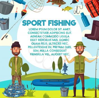 Fisherman friends on fishing with rod and fish catch on hook. Vector cartoon fisher men with camping tent and rubber boat or tackles for trout, perch or crucian fishing at lake or river