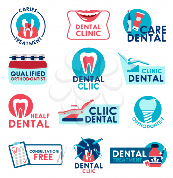Dental clinic icons for dentistry surgery and health consultation. Vector design of dentist teeth treatments, implants and orthodontic medical braces, smile with toothpaste and toothbrush