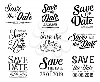 Save the Date or wedding and RSVP lettering for greeting and invitation cards. Vector sketch calligraphy design and ornate ribbons for engagement party