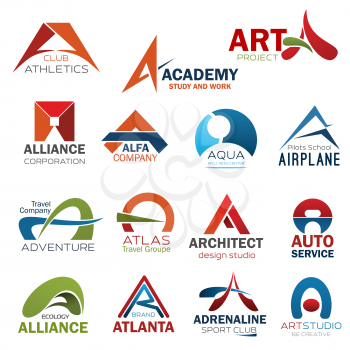 Letter A icons for corporate identity of art design studio, athletics gym club or study academy and airplane pilots school. Vector symbols for travel adventure company and architect technology