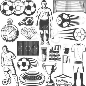 Soccer or football player sport items. Vector icons of football ball, soccer goalkeeper or referee and game stopwatch with whistle, arena stadium and championship winner cup