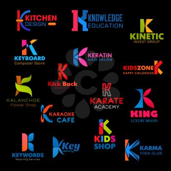 Letter K for brand and company identity design and industry. Vector K for kitchen design, knowledge or education and computer store, hair salon and karaoke cafe or ids shop