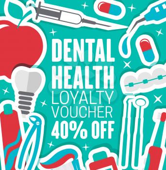 Dental clinic discount voucher for dentistry medical center. Vector advertisement flyer design of dentist implants and orthodontic braces, apple or smile and pills or toothbrush for white smile teeth