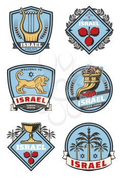 Israel travel and culture icons of traditional Jewish symbols. Vector heraldic set of Judaism religion David star, Torah book or Shofar horn and holy grail or lion on shield crest
