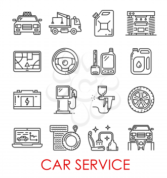 Car service thin line art icons. Vector isolated set of taxi car, wrecker truck or petrol canister and auto wash, navigation map and steering wheel, accumulator, battery or tire and car alarm key