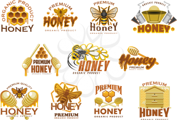 Honey premium sweet food icon set. Honeycomb with honey drop, bee and beehive, beekeeper hat and wooden dipper isolated symbol for beekeeping farm emblem and honey packaging label design