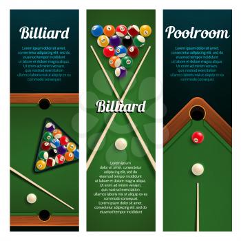Billiards sport club and pool room banner set. Pool or snooker table with crossed billiard cues, ball and decorative corner pocket for billiards tournament or competition event invitation flyer design