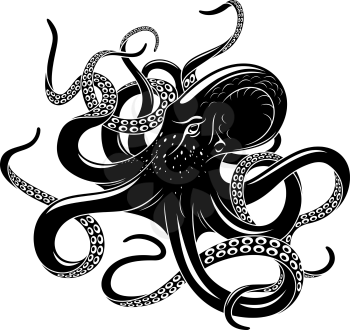 Octopus black silhouette of sea monster. Evil kraken or giant deep water beast with curved tentacles isolated symbol for tattoo, nautical heraldry or marine club emblem design