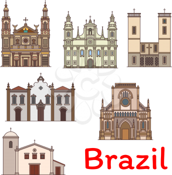 Famous travel landmark of Brazil icon set. Church and Chapel of Our Lady of the Rosary and Saint Benedict, Basilica of Our Lady of Nazareth, Bom Despacho Church and Our Lady of Grace Cathedral