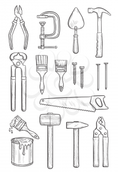 Repair tool sketch for construction, carpentry and finishing work. Hammer, plier and screw, paint , brush and trowel, saw, nail and wire cutters, clamp and pincers icon for hand instrument design