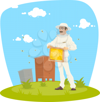 Beekeeper with honeycomb on apiary icon. Mustached apiarist in white protective costume and hat holding beehive frame of honeycomb with honey and bee for beekeeping and apiculture themes design