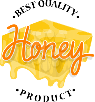 Honey sweet food label of quality product. Fresh yellow honey flowing down from honeycomb isolated badge for natural organic beekeeping farm product packaging design
