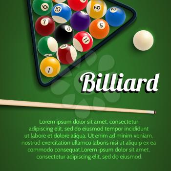 Billiards sport game 3d poster for pool room or billiard club template. Green billiard table in starting position with ball, cue and rack or triangle for pool or snooker game tournament banner design