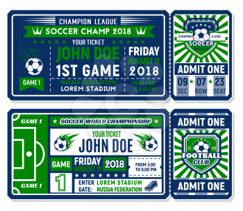 Soccer ticket template with football sport club badge shield. Football champion league match admission ticket with soccer ball, play field, star and ribbon banner for championship invitation design