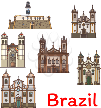 Brazilian travel landmark icon of Church of Saint Francis of Assisi and Paola, Metropolitan Cathedral, Church of Our Lady of Carmel and Fort of Santo Antonio Barra with lighthouse for tourism design
