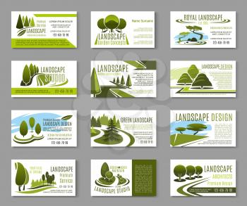 Landscape design studio business card for landscaping, gardening and lawn care service template. Green tree landscape with grass lawn, walking path and decorative plant for corporate identity design