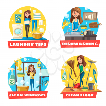 Cleaning and laundry service icons with girl doing housework. Floor and window cleaning, laundry and dishwashing vector design of woman with vacuum cleaner, broom and mop, spray, duster and squeegee