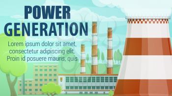Thermal power station for production and generation electrical energy or electricity. Coal and nuclear industrial plants with chimney, cooling tower and smokestacks. Energy industry vector theme