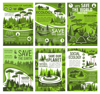 Save Earth planet ecology and nature, environment protection and forest conservation vector design. Eco green tree, grass meadow and woodland landscape posters, deforestation theme