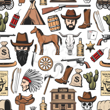 Wild West seamless pattern background with western vector symbols. Texas cowboy in hat, cow skull and lasso, cactus, rodeo horse and horseshoe, sheriff gun, boots and star, saloon and aztec indian