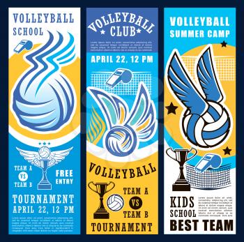 Volleyball sport club teams tournament banners. Vector balls, net, winner trophy cup and referee whistle, decorated with wings and fire flames. Volleyball competition or championship match design